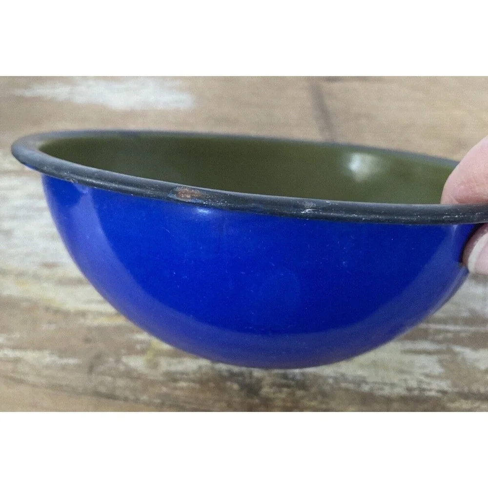 Vintage enameled enamelware bowls blue green olive Made in Poland stamp